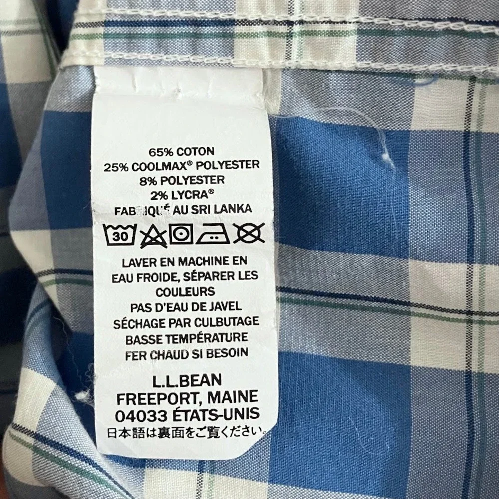 LL Bean Mens Blue White Plaid CoolMax Slightly Fitted Button Down Shirt L-Reg